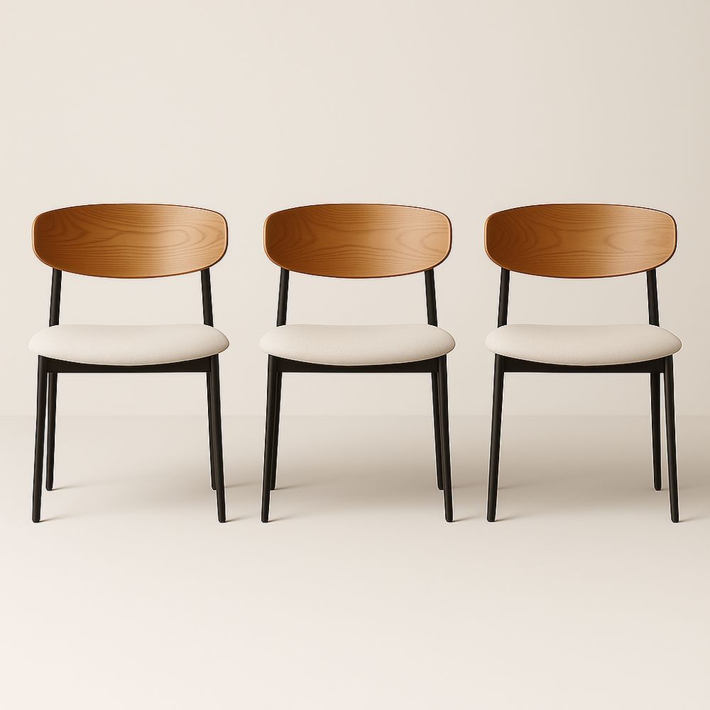 Spisestuestole i Sæt af 3 med Træryglæn og Stålben i Sort, Polstret Sæde i Beige-decovivapt