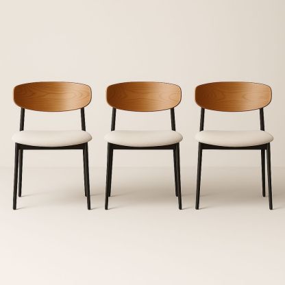 Spisestuestole i Sæt af 3 med Træryglæn og Stålben i Sort, Polstret Sæde i Beige-decovivapt