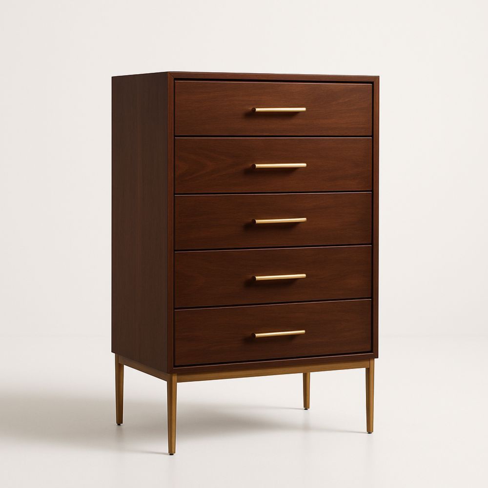 Kommode i Valnød med 5 Skuffer og Messing Håndtag-decovivapt