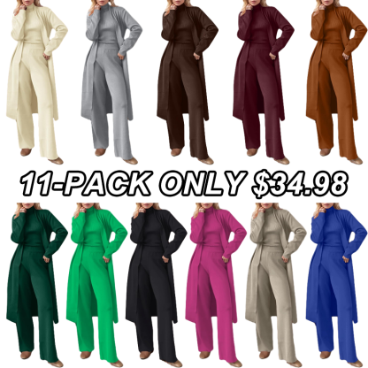 Three-Piece Set - Knit Turtleneck Tank & Wide Leg Pants With Long Cardigan