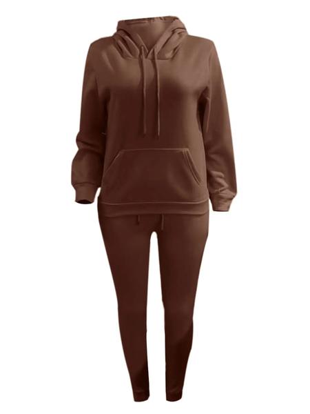 Casual Plain Drawstring Sweatshirt Outfit Set, Fitted Regular Length, Moderate Fabric, Fall & Winter Wear, Women's Clothing