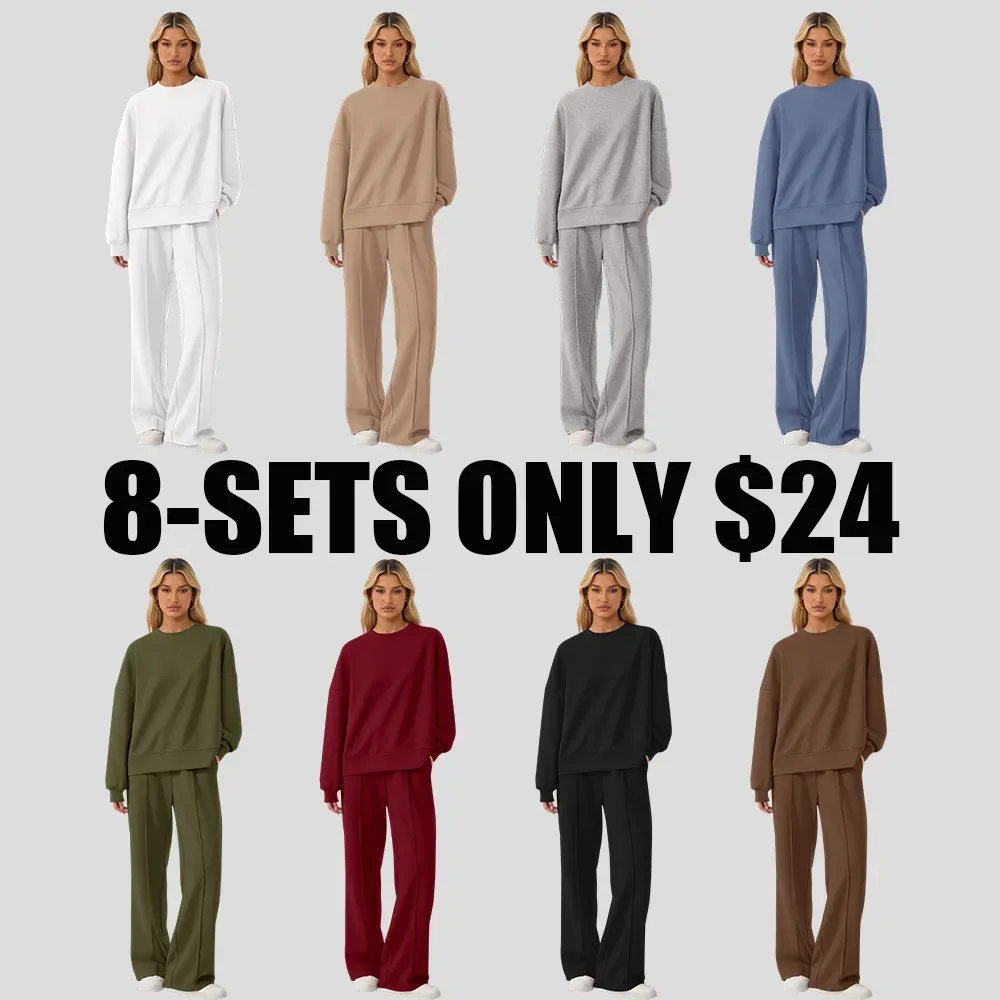 Women's Cozy Round Neck Top & Wide Leg Trousers Two Piece Outfits