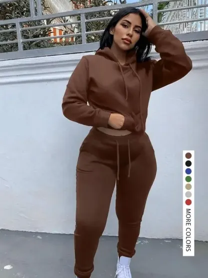 Casual Plain Drawstring Sweatshirt Outfit Set, Fitted Regular Length, Moderate Fabric, Fall & Winter Wear, Women's Clothing