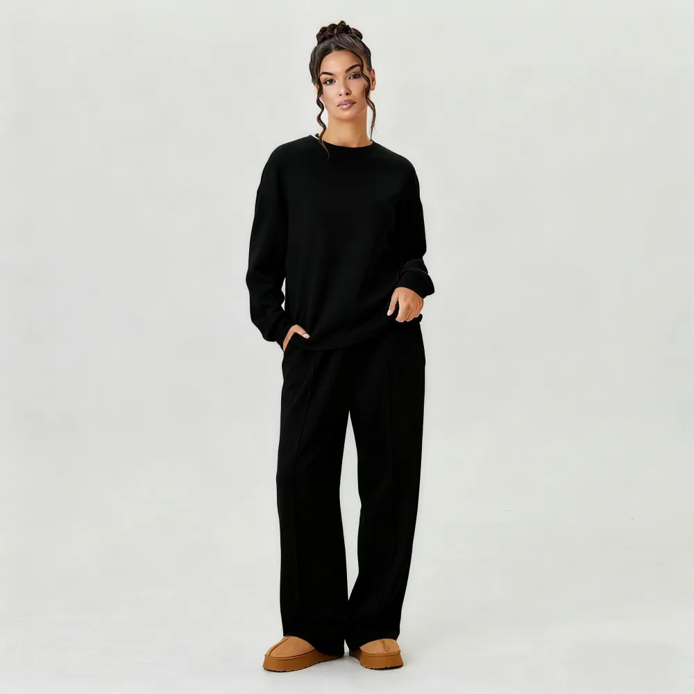 Women's Casual Solid Color Loose Long Sleeve Top & Exposed Stitches Trousers Co-ord