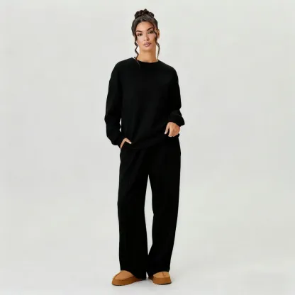 Women's Casual Solid Color Loose Long Sleeve Top & Exposed Stitches Trousers Co-ord