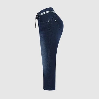 Wash Contrast Binding Double Button Drawstring Mid Waist High Stretch Fit Capri Jeans  Pant