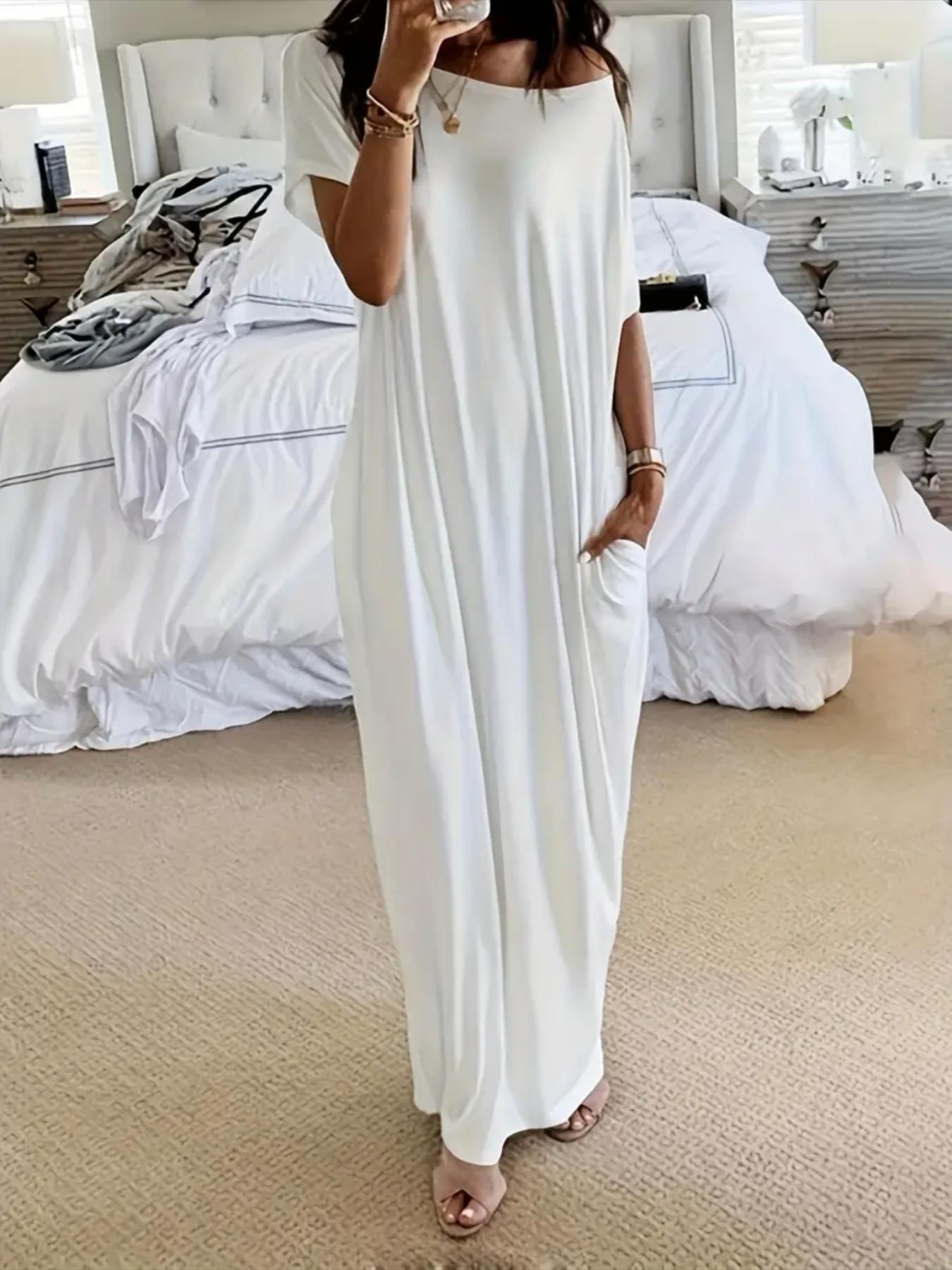 Women's Solid Color Batwing Sleeve Lounge Dress, Casual Comfy Short Sleeve Nightdress for Daily Wear, Ladies Sleepwear for All Seasons Women's Solid Color Batwing Sleeve Lounge Dress, Casual Comfy Short Sleeve Nightdress for Daily Wear, Ladies Sleepwear for All Seasons