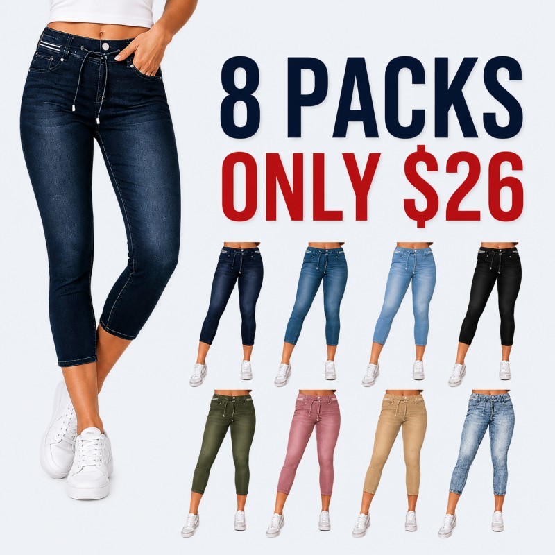 Wash Contrast Binding Double Button Drawstring Mid Waist High Stretch Fit Capri Jeans Pant