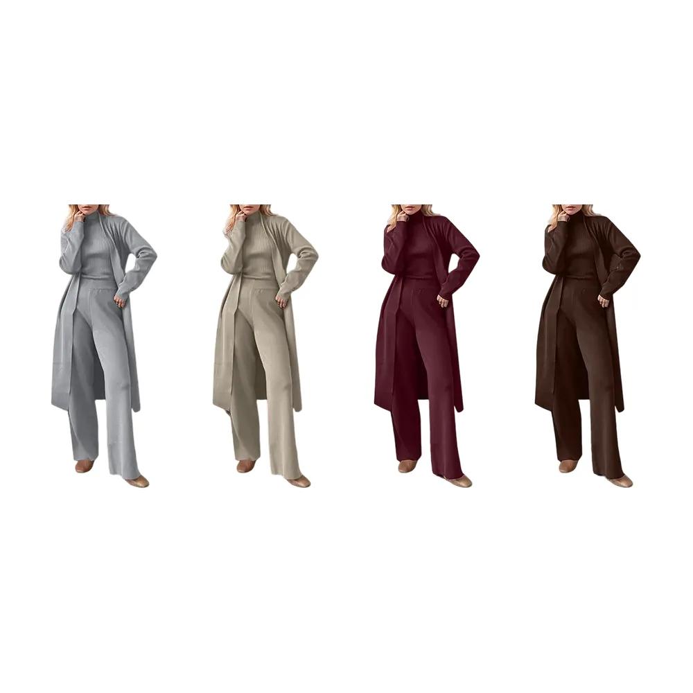 Three-Piece Set - Knit Turtleneck Tank & Wide Leg Pants With Long Cardigan