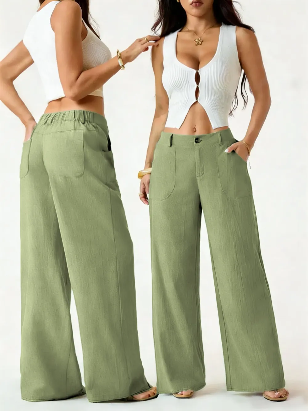 High Waist Wide Leg Beach Trousers With Pocket