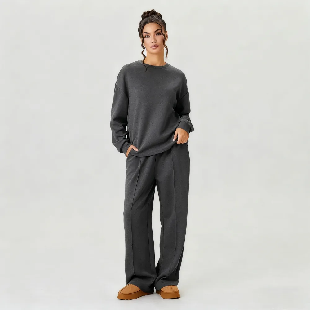 Women's Casual Solid Color Loose Long Sleeve Top & Exposed Stitches Trousers Co-ord