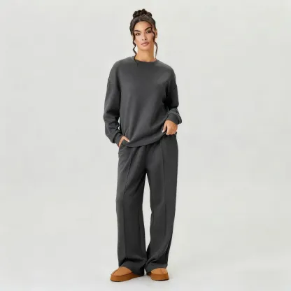 Women's Casual Solid Color Loose Long Sleeve Top & Exposed Stitches Trousers Co-ord