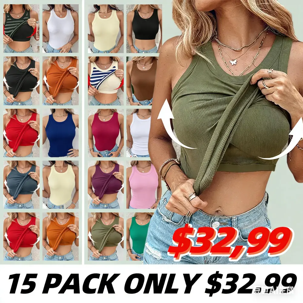 ⏰ FLASH SALE ENDING SOON! Built-in Bra Ribbed Tank Top 🛍️ 🔥15-PACK 32.99$/9-PACK $24.99 ❌ Don’t Miss Out!