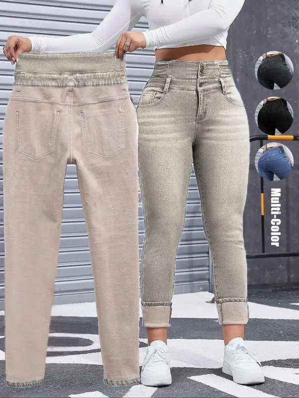 Women's High Elasticity Fleece Lined Thick Denim Jeans