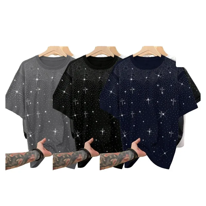 Unisex Rhinestone Cross Pattern T-Shirt