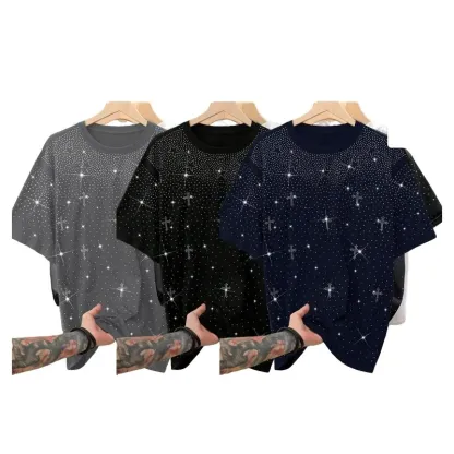 Unisex Rhinestone Cross Pattern T-Shirt