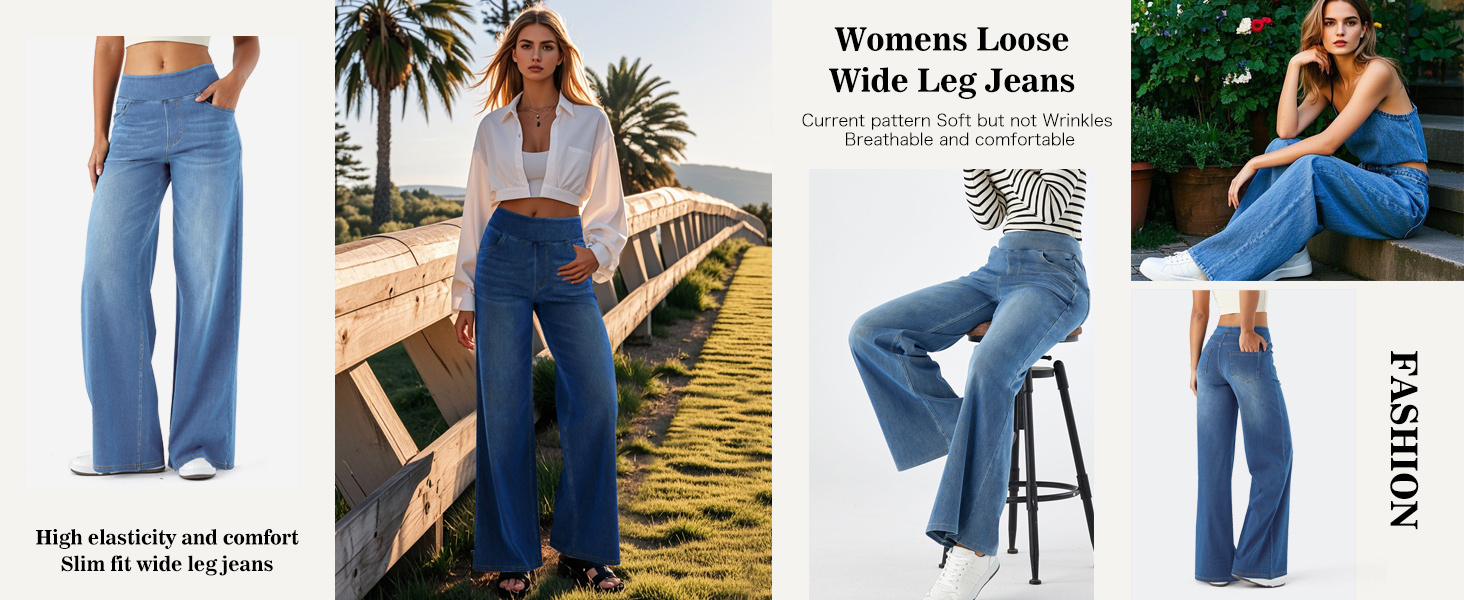 Wide-leg jeans for women, shown in multiple views. Features high-waisted design, light blue denim, and a loose, flowing silhouette from hip to ankle. Styled with various tops in outdoor settings.