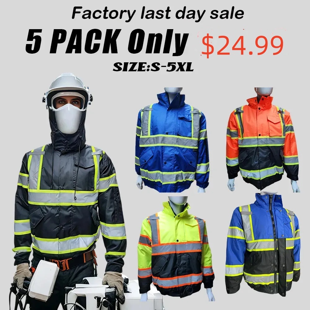 High Visibility Water Resistant Bomber Safety Jacket with Hoodie / Ref