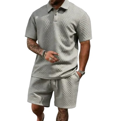 Men's summer casual texture fabric solid color polo shirt T-shirt shorts 2-piece set