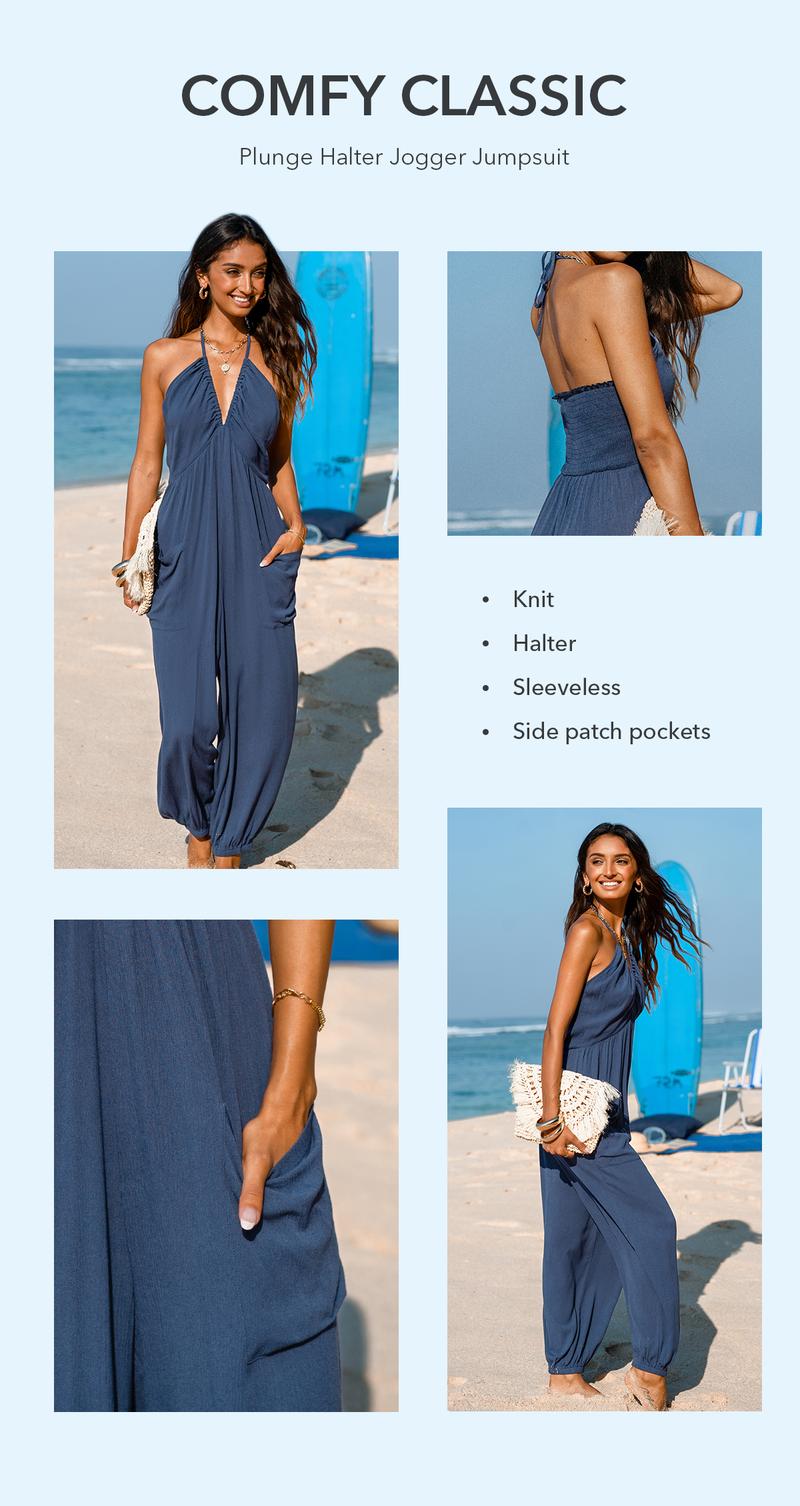CUPSHE 【Valentine's Day】 Plunge Halter Wide Leg Jumpsuit with Pockets - Adjustable Strap Flowy Tropical Print Overall | 2026 Effortless Beach to Street Resortwear