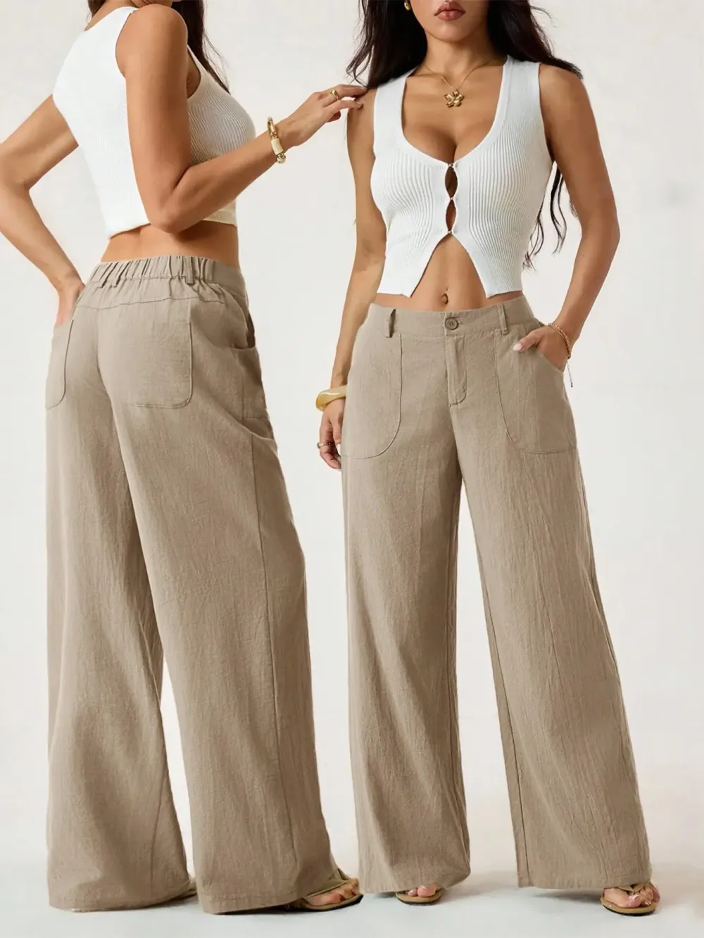 High Waist Wide Leg Beach Trousers With Pocket
