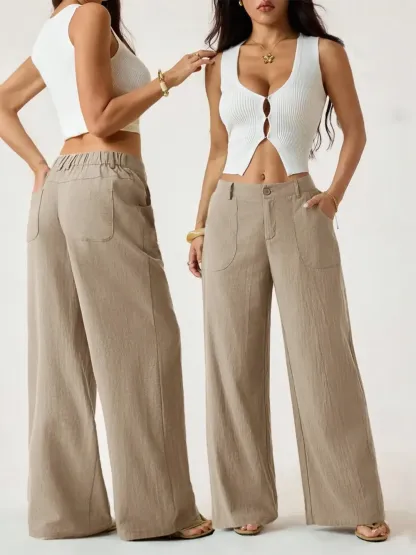 High Waist Wide Leg Beach Trousers With Pocket