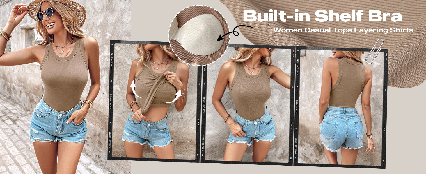 ChicMe Built-in Shelf Bra Tank Tops Ribbed Sleeveless Casual Tops