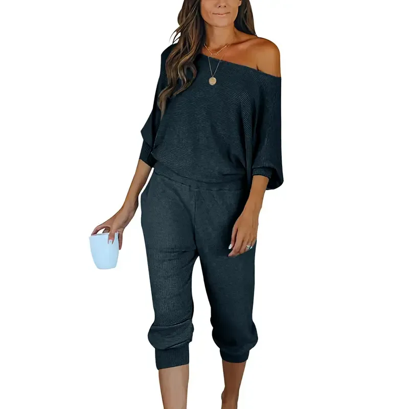 Women's Long Sleeve Off Shoulder Sweatshirts And Long Sweatpants Set