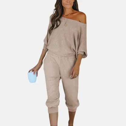 Women's Long Sleeve Off Shoulder Sweatshirts And Long Sweatpants Set