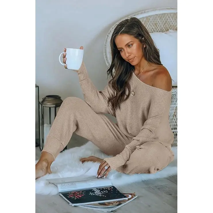 Women's Long Sleeve Off Shoulder Sweatshirts And Long Sweatpants Set
