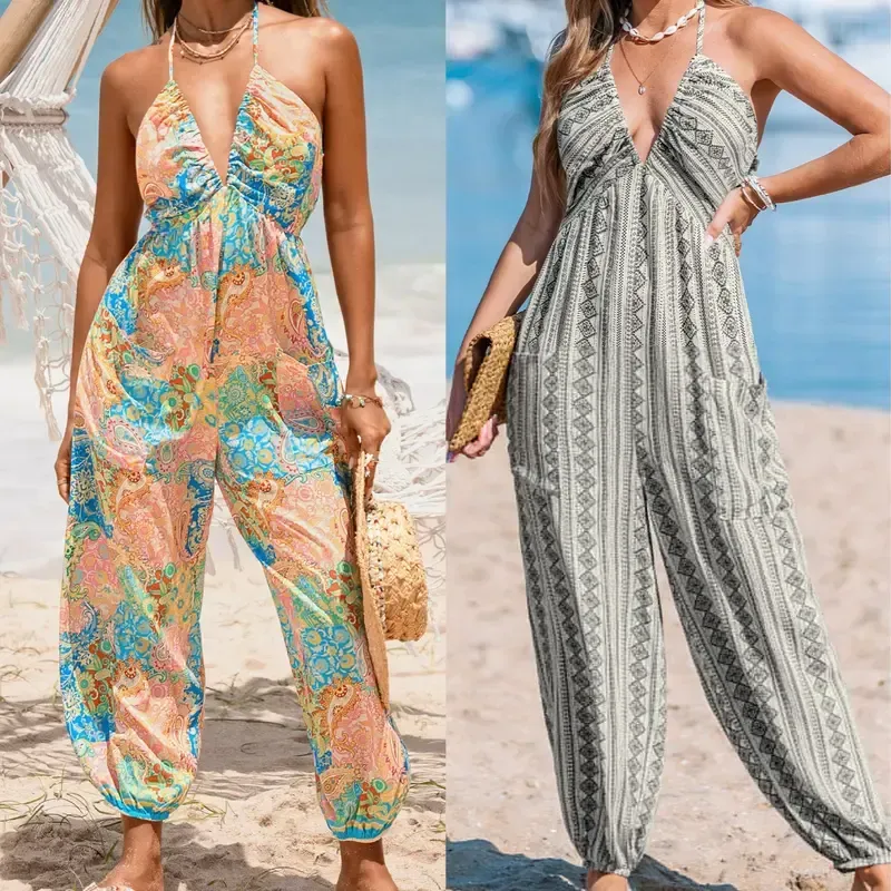 Plunge Halter Wide Leg Jumpsuit with Pockets