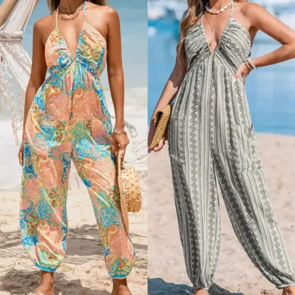 Plunge Halter Wide Leg Jumpsuit with Pockets