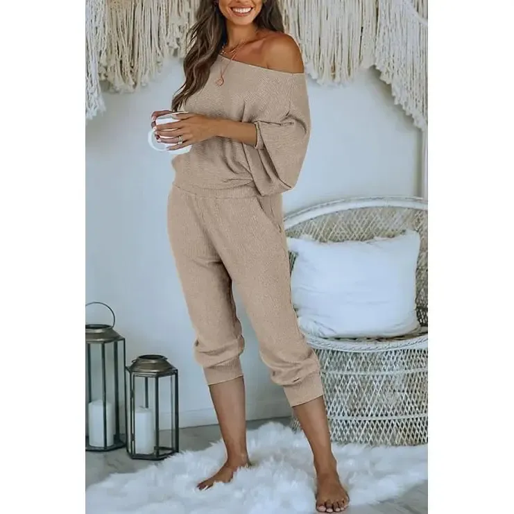 Women's Long Sleeve Off Shoulder Sweatshirts And Long Sweatpants Set