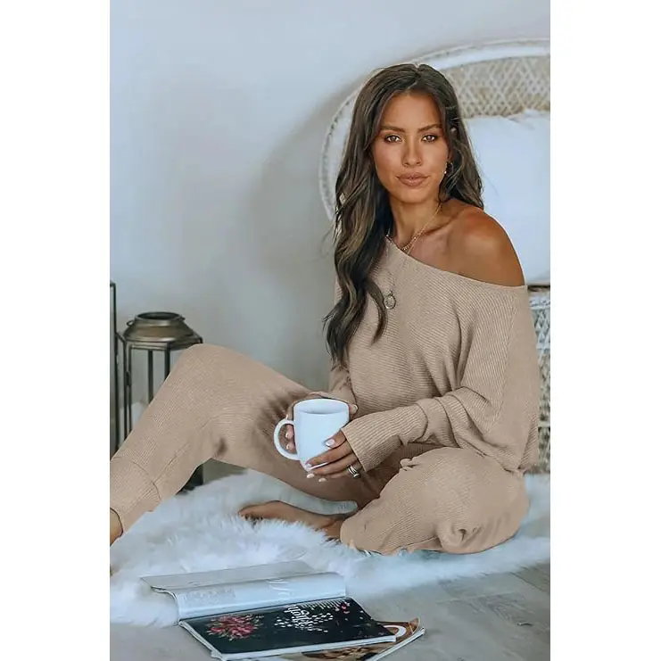 Women's Long Sleeve Off Shoulder Sweatshirts And Long Sweatpants Set