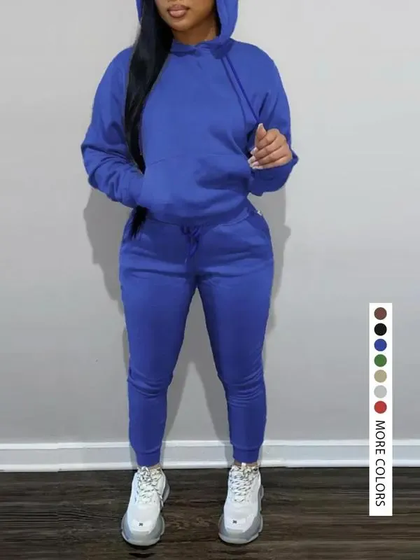 Casual Plain Drawstring Sweatshirt Outfit Set, Fitted Regular Length, Moderate Fabric, Fall & Winter Wear, Women's Clothing