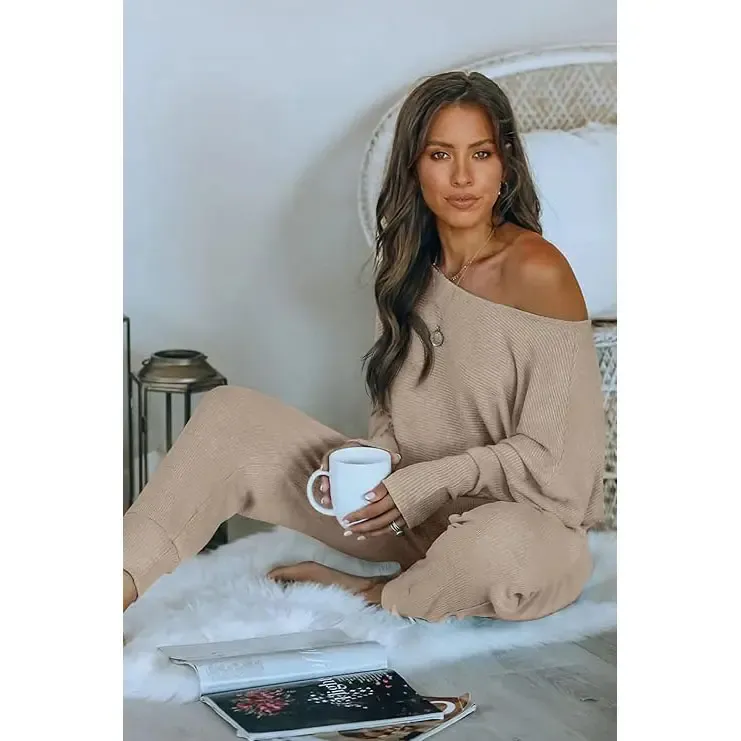 Women's Long Sleeve Off Shoulder Sweatshirts And Long Sweatpants Set