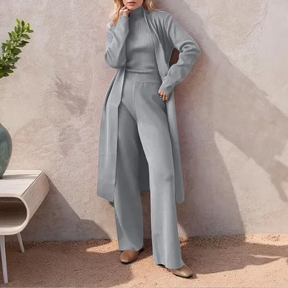 Three-Piece Set - Knit Turtleneck Tank & Wide Leg Pants With Long Cardigan