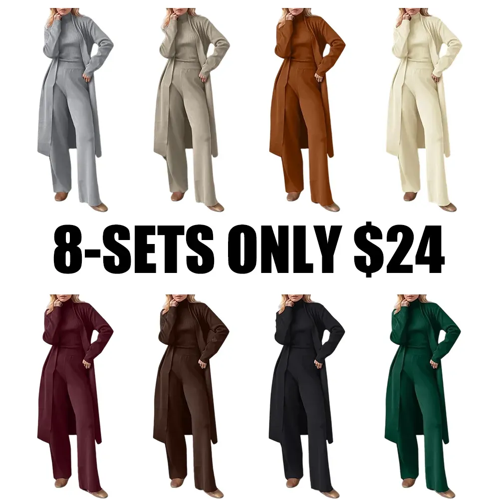 Three-Piece Set - Knit Turtleneck Tank & Wide Leg Pants With Long Card