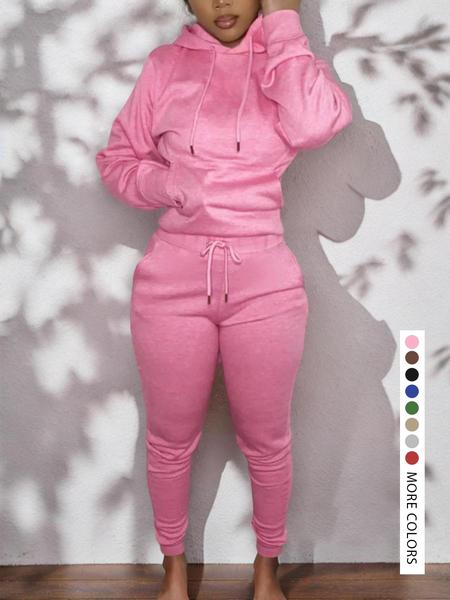 Casual Plain Drawstring Sweatshirt Outfit Set, Fitted Regular Length, Moderate Fabric, Fall & Winter Wear, Women's Clothing