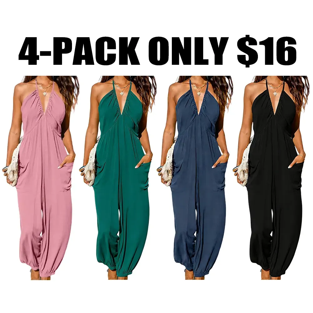 Plunge Halter Wide Leg Jumpsuit with Pockets