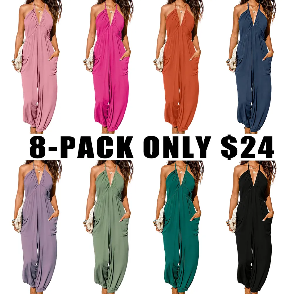 Plunge Halter Wide Leg Jumpsuit with Pockets