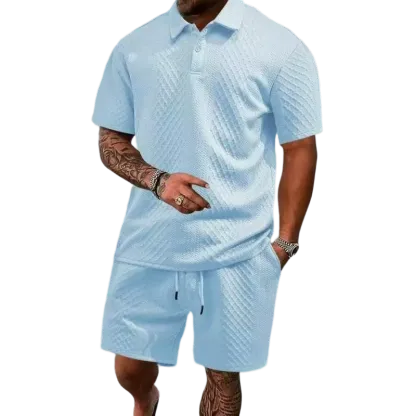 Men's summer casual texture fabric solid color polo shirt T-shirt shorts 2-piece set