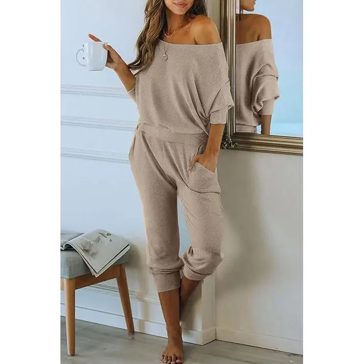 PrettyGarden Women's 2-Piece Set Off Shoulder Ribbed Tracksuit Long Sleeves Pullover Plus Size with Pockets for Spring Outfit#falltok