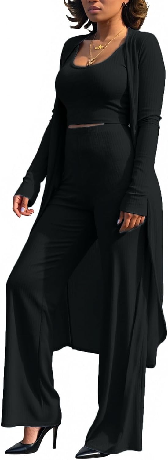 LKOUS 3 Piece Suit for Women's Solid Long Sleeve Open Front Long Coat and Crop Tank Top with Leggings Loungewear