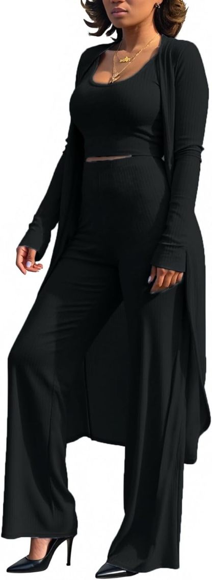 LKOUS 3 Piece Suit for Women's Solid Long Sleeve Open Front Long Coat and Crop Tank Top with Leggings Loungewear