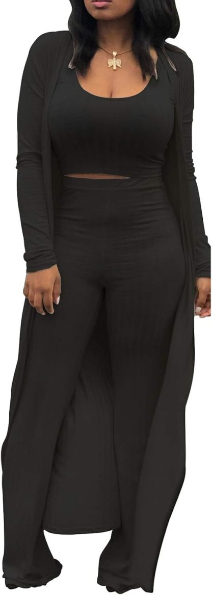 LKOUS 3 Piece Suit for Women's Solid Long Sleeve Open Front Long Coat and Crop Tank Top with Leggings Loungewear