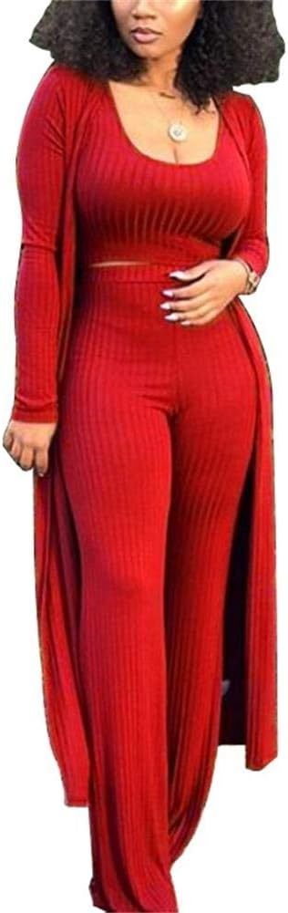 LKOUS 3 Piece Suit for Women's Solid Long Sleeve Open Front Long Coat and Crop Tank Top with Leggings Loungewear