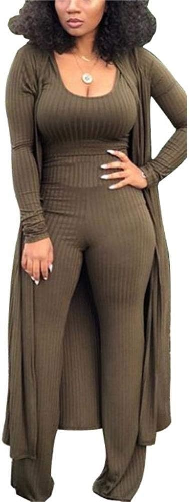 LKOUS 3 Piece Suit for Women's Solid Long Sleeve Open Front Long Coat and Crop Tank Top with Leggings Loungewear