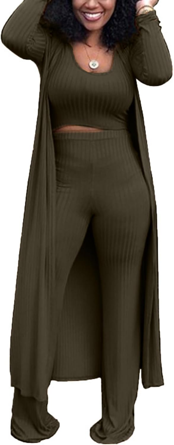 LKOUS 3 Piece Suit for Women's Solid Long Sleeve Open Front Long Coat and Crop Tank Top with Leggings Loungewear