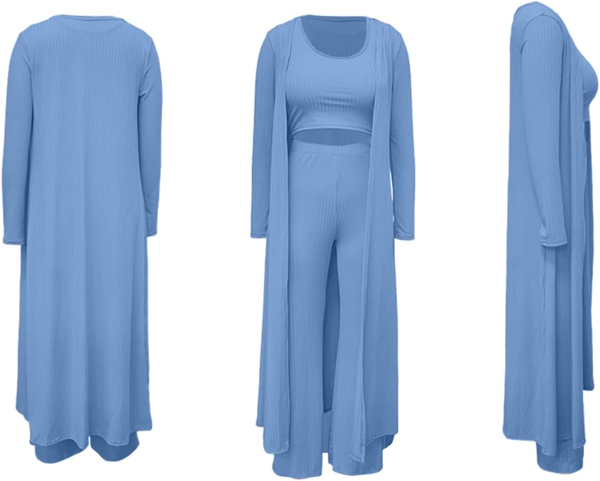 LKOUS 3 Piece Suit for Women's Solid Long Sleeve Open Front Long Coat and Crop Tank Top with Leggings Loungewear
